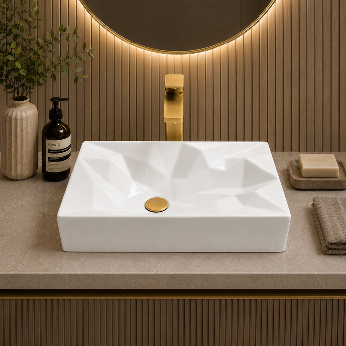 Bassino Rectangular Geometric Table Top Wash Basin | Premium Countertop Ceramic Bathroom Sink | 22 x 14 x 5 Inch