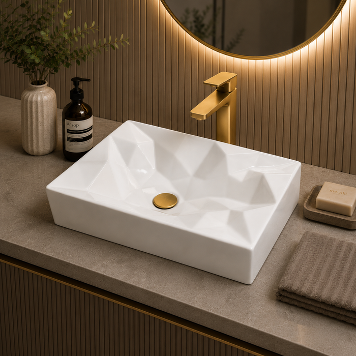 Bassino Rectangular Geometric Table Top Wash Basin | Premium Countertop Ceramic Bathroom Sink | 22 x 14 x 5 Inch