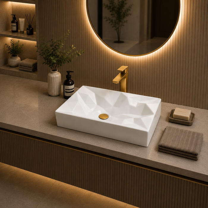 Bassino Rectangular Geometric Table Top Wash Basin | Premium Countertop Ceramic Bathroom Sink | 22 x 14 x 5 Inch