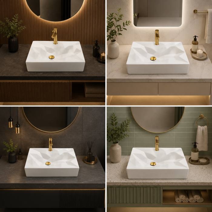 Bassino Rectangular Geometric Table Top Wash Basin | Premium Countertop Ceramic Bathroom Sink | 22 x 14 x 5 Inch