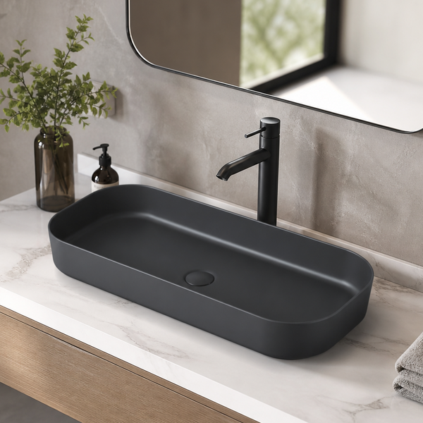 Bassino Modern Melamine Wash Basin | Stylish Countertop Wash Basin for Bathroom–800x350x125 mm Black