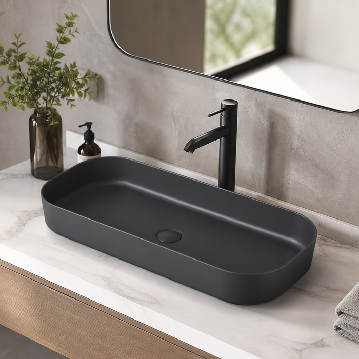 Bassino Modern Melamine Wash Basin | Stylish Countertop Wash Basin for Bathroom–800x350x125 mm Black