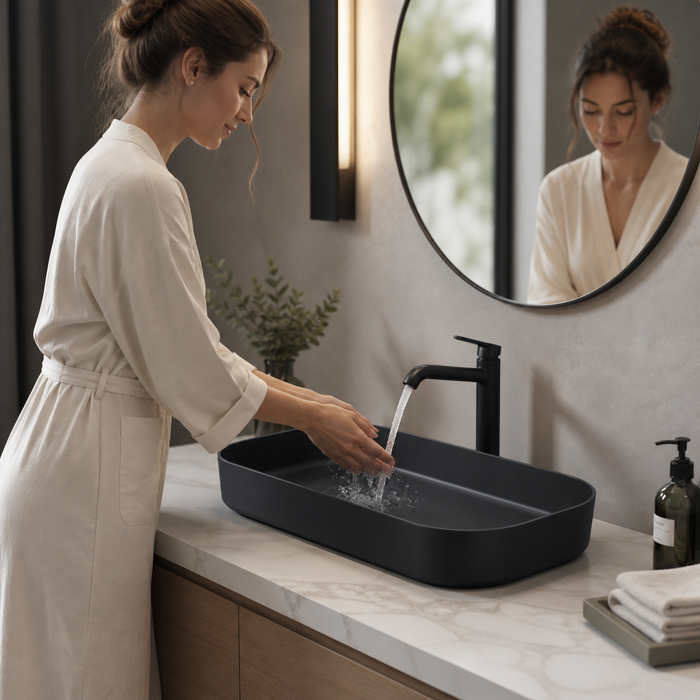 Bassino Modern Melamine Wash Basin | Stylish Countertop Wash Basin for Bathroom–800x350x125 mm Black