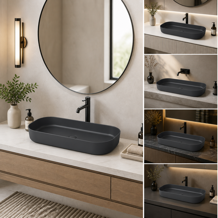 Bassino Modern Melamine Wash Basin | Stylish Countertop Wash Basin for Bathroom–800x350x125 mm Black