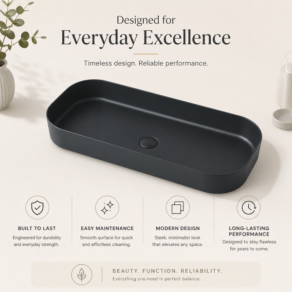 Bassino Modern Melamine Wash Basin | Stylish Countertop Wash Basin for Bathroom–800x350x125 mm Black