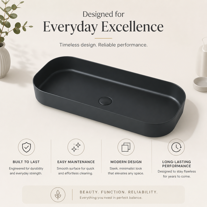 Bassino Modern Melamine Wash Basin | Stylish Countertop Wash Basin for Bathroom–800x350x125 mm Black