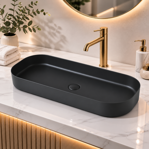 Bassino Modern Melamine Wash Basin | Stylish Countertop Wash Basin for Bathroom–800x350x125 mm Black