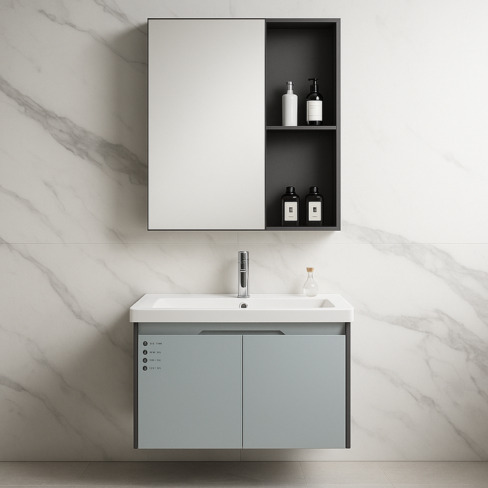 Bathroom vanity with sink and cabinet against a marble wall
