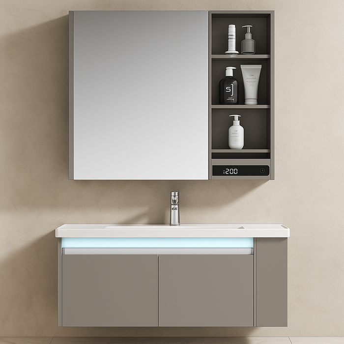 Sensor LED Bathroom Cabinet Set with Ceramic Basin, LED Clock & Powerbank Storage 800mm