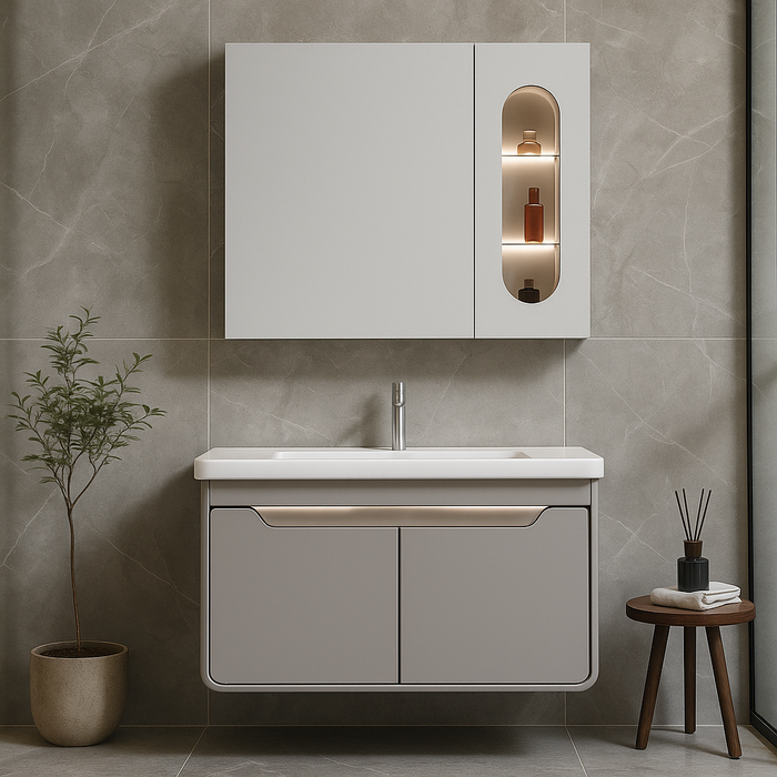 Sensor LED Bathroom Cabinet with Ceramic Basin & LED Mirror (Organizer – Battery Operated) 800mm