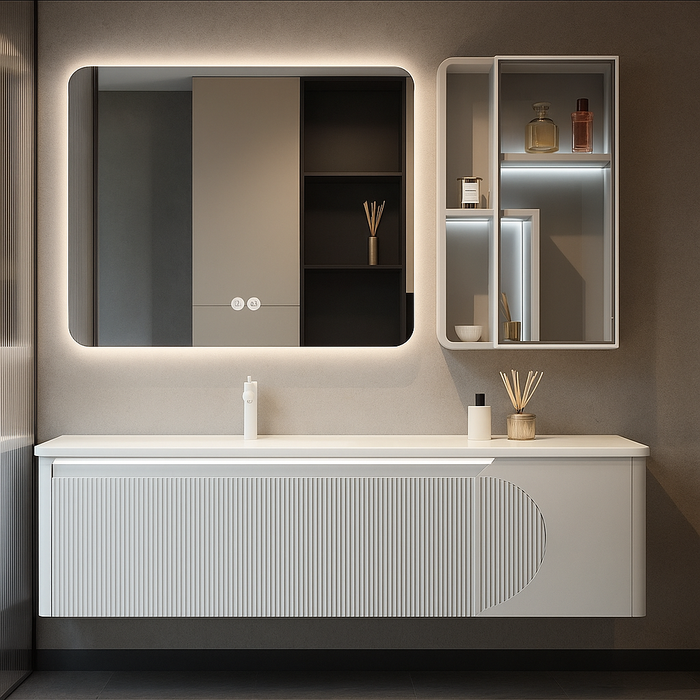 800mm Plywood Bathroom Vanity with Ceramic Basin, Sensor LED Cabinet & LED Mirror with Side Cabinet (Defogger)
