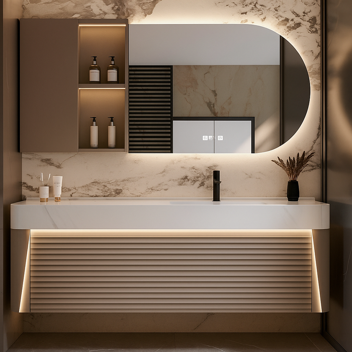 1000mm Plywood Bathroom Vanity with Rock Slate Basin, Sensor LED Cabinet & LED Mirror with Side Cabinet (Defogger)