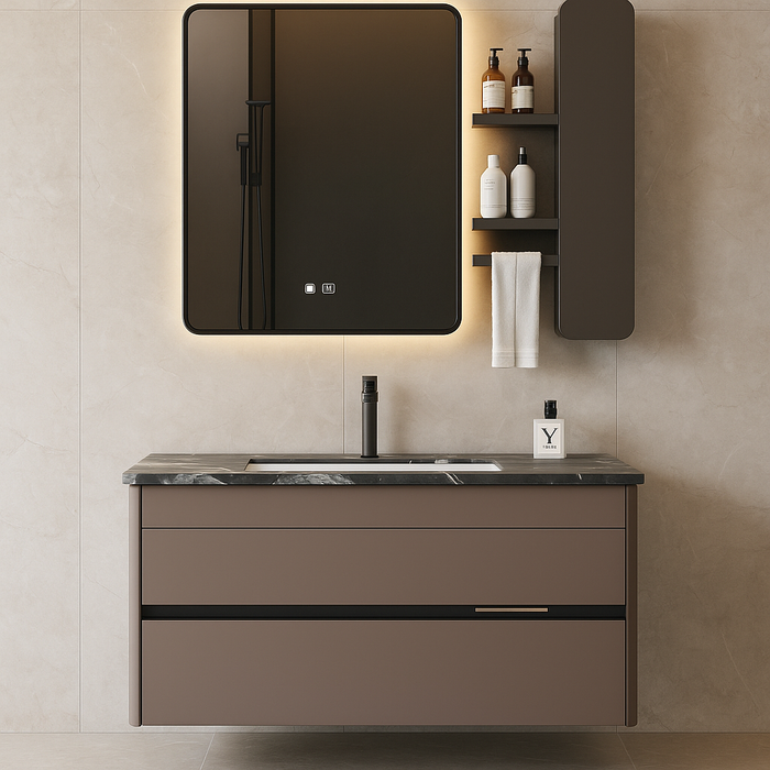 800mm Plywood Bathroom Vanity with Rockslate Basin, Sensor LED Cabinet & LED Mirror with Side Cabinet (Defogger Included)