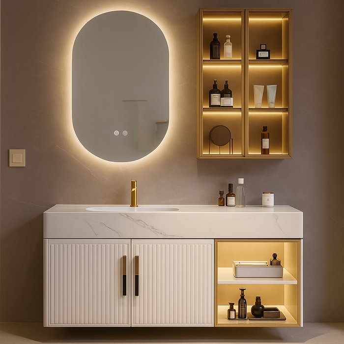 1000mm Plywood Bathroom Vanity with Rock Slate Basin, 3-Door Main Cabinet & LED Mirror with Side Cabinet