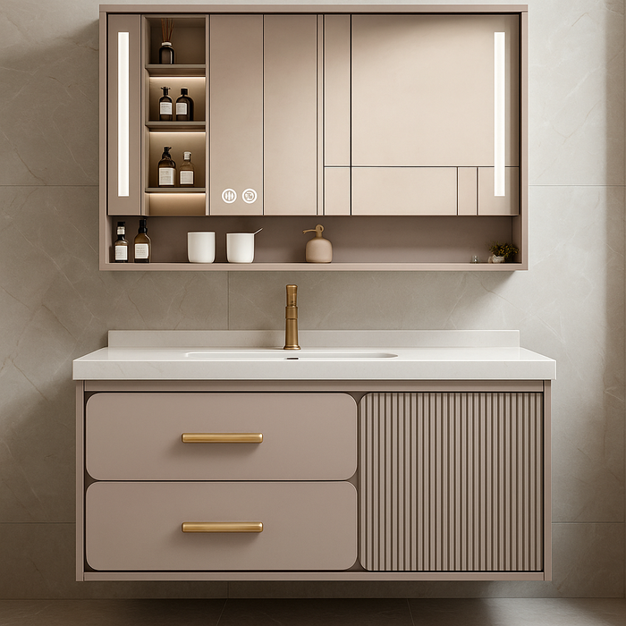 800mm Plywood Bathroom Vanity with Ceramic Basin, 2 Slider Drawers, 1 Door & LED Mirror Cabinet with Defogger