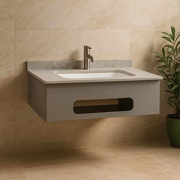 Grey Metal Shelf with Gray Rock Stone & GVT Slab Top with Basin (24x18x8 In)