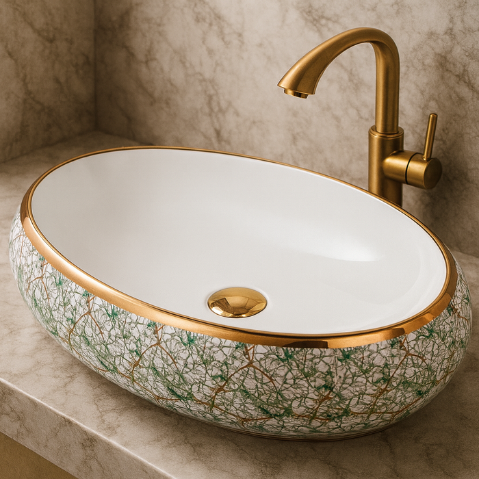 Premium Ceramic Wash Basin (Rose Gold Rim & Artistic Pattern 24 x 16 x 6 In - AB001)