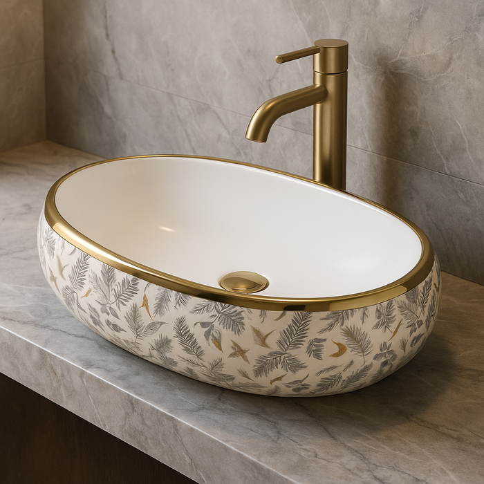 Premium Ceramic Wash Basin (Gold Rim & Leaf Pattern 24 x 16 x 6 In - AB008)