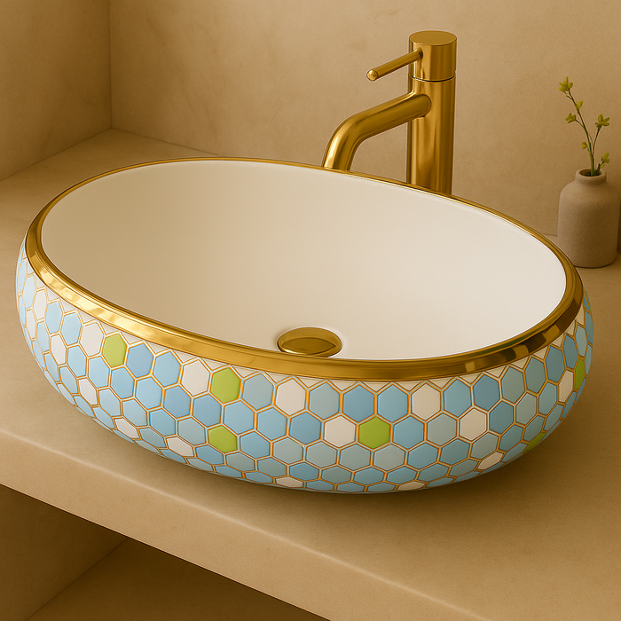 Designer Ceramic Wash Basin (Gold Rim & Mosaic Pattern 24 x 16 x 6 In AB005)