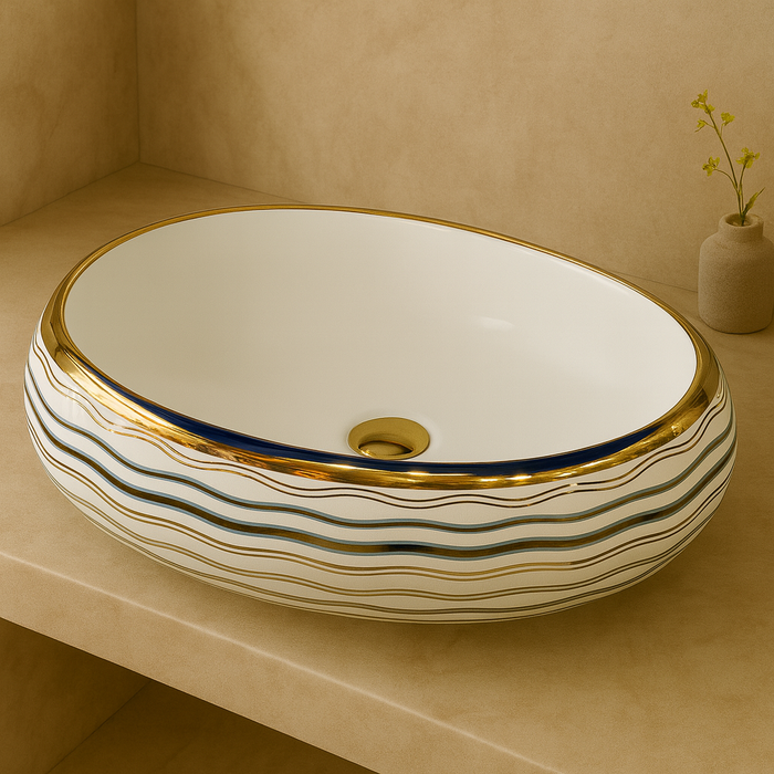 Luxury Ceramic Wash Basin (Gold Rim & Wave Pattern Design 24 x 16 x 6 In - AB002)