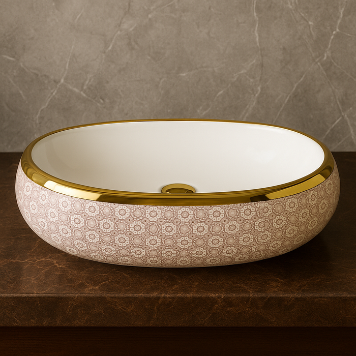 Designer Ceramic Wash Basin (Gold Rim & Pattern Design 24 x 16 x 6 In - AB010)