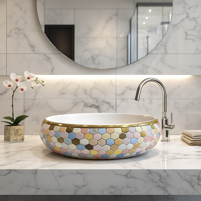 Designer Ceramic Wash Basin (Gold Rim, Multicolor Hexagon Design 24 x 16 x 6 In - AB011)