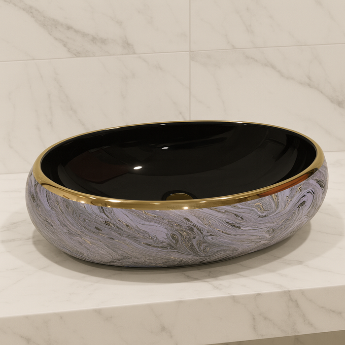 Designer Ceramic Wash Basin (Gold Rim, Black Gloss Interior, Marble-Style Swirl Pattern 24 x 16 x 6 In - AB013)