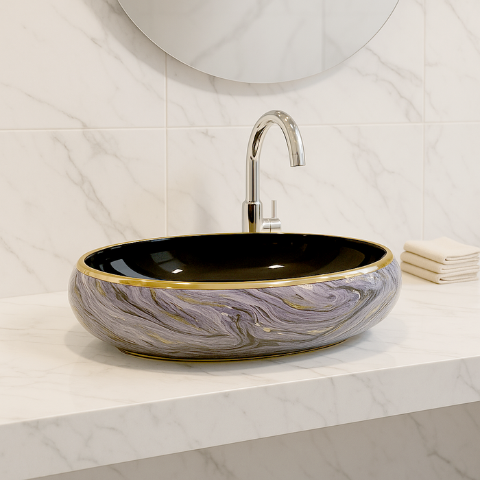 Designer Ceramic Wash Basin (Gold Rim, Black Gloss Interior, Marble-Style Swirl Pattern 24 x 16 x 6 In - AB013)