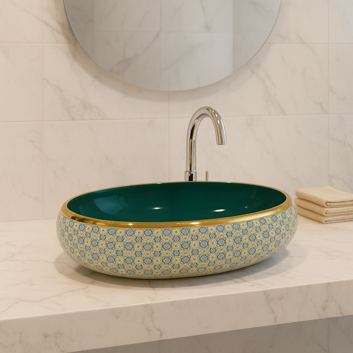 Designer Ceramic Wash Basin (Gold Rim, Emerald Green Interior, Blue Mosaic Pattern 24 x 16 x 6 In - AB014)