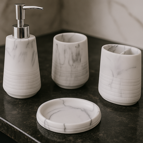 Marble Bathroom Accessory Set - 4 Pieces White