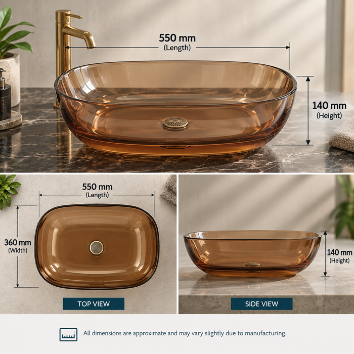 Bassino Modern Transparent Resin Wash Basin | Stylish Countertop Wash Basin for Bathroom–550x360x140 mm Brown