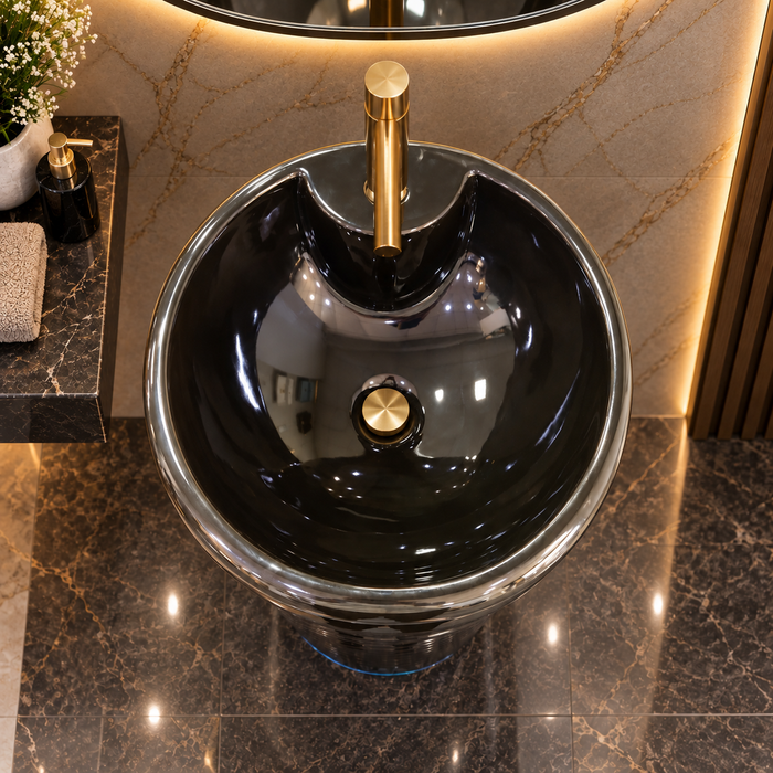 Black & Gold Designer Pedestal Wash Basin – 17.3 × 17.3 × 32.3 Inch | Luxury Floor Standing Basin
