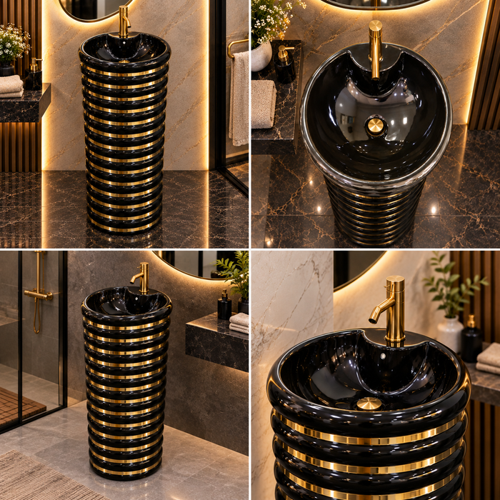 Black & Gold Designer Pedestal Wash Basin – 17.3 × 17.3 × 32.3 Inch | Luxury Floor Standing Basin