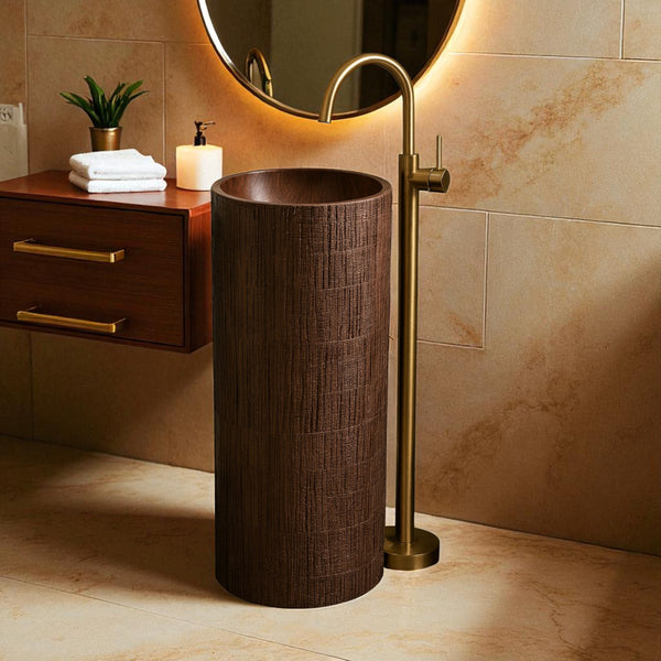 Artificial Marble| Textured Brown Pedestal Basin| Matt Finish(16x16x34) Brown