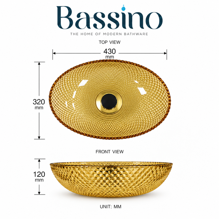 Golden Amber Textured Glass Table Top Wash Basin – 16.9 × 12.6 × 4.7 Inch
