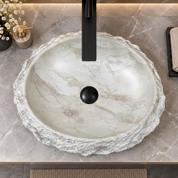 Artificial Stone Table Top Wash Basin 20×16×6 Inch – White Marble Finish with Natural Rock Texture, Matte Oval Countertop Basin for Modern Bathrooms