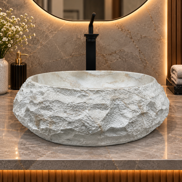 Artificial Stone Table Top Wash Basin 20×16×6 Inch – White Marble Finish with Natural Rock Texture, Matte Oval Countertop Basin for Modern Bathrooms