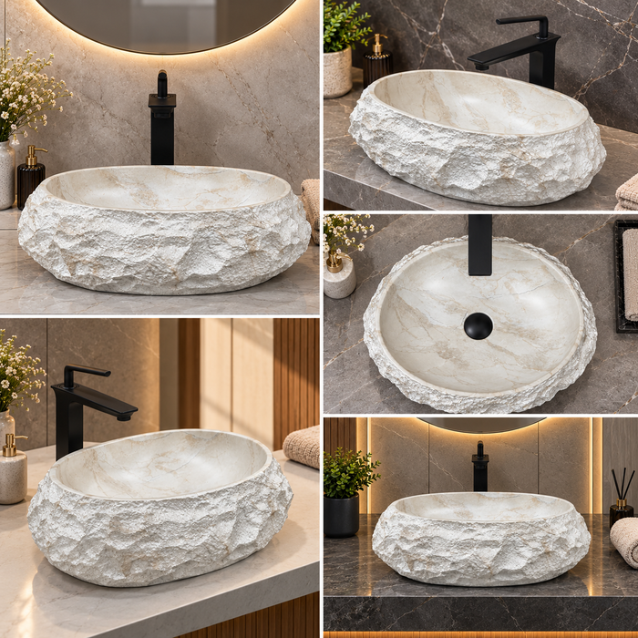 Artificial Stone Table Top Wash Basin 20×16×6 Inch – White Marble Finish with Natural Rock Texture, Matte Oval Countertop Basin for Modern Bathrooms