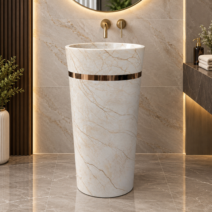 Round Matte Ceramic Freestanding Pedestal Wash Basin – 17.3 × 17.3 × 32.7 Inch White Marble Pattern with Gold Accent
