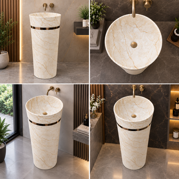 Round Matte Ceramic Freestanding Pedestal Wash Basin – 17.3 × 17.3 × 32.7 Inch White Marble Pattern with Gold Accent