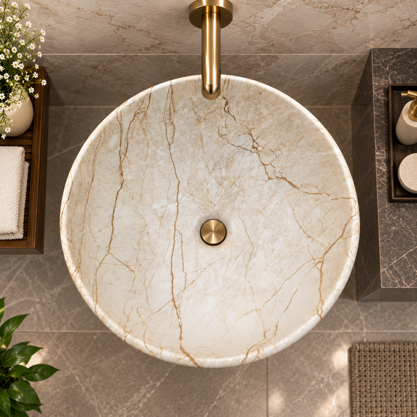 Round Matte Ceramic Freestanding Pedestal Wash Basin – 17.3 × 17.3 × 32.7 Inch White Marble Pattern with Gold Accent