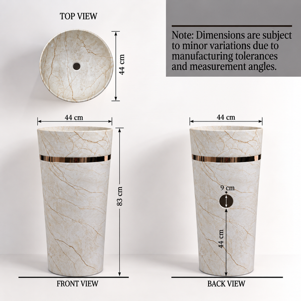 Round Matte Ceramic Freestanding Pedestal Wash Basin – 17.3 × 17.3 × 32.7 Inch White Marble Pattern with Gold Accent