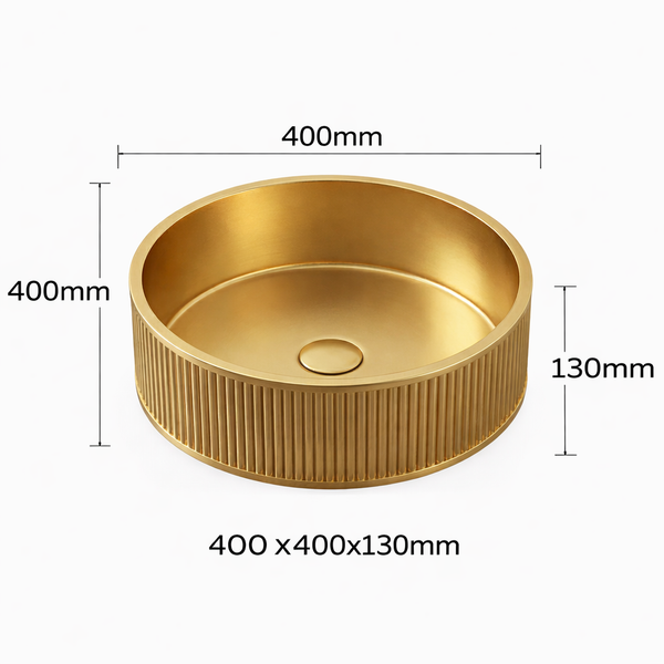 Bassino Modern Stainless Steel Wash Basin | Stylish Countertop Wash Basin for Bathroom–400x400x130 mm Gold