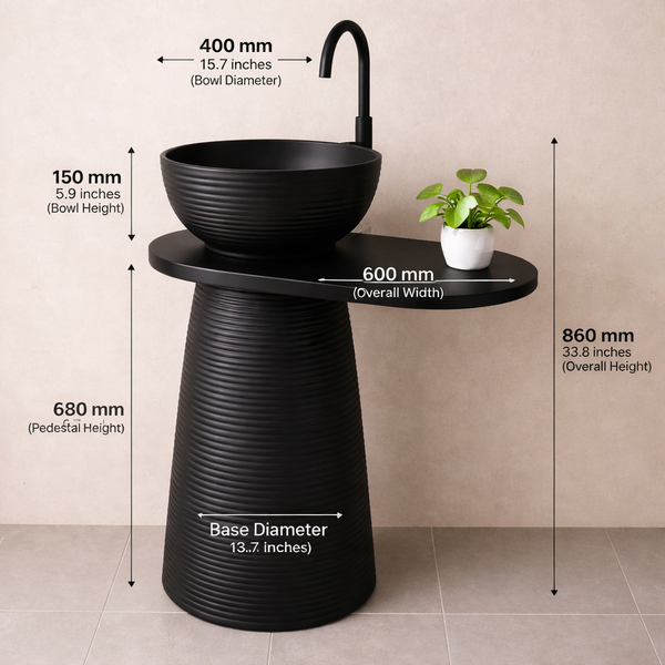 Luxury Pedestal Wash Basin with Side Shelf | Artificial Stone Freestanding Basin - 24″ × 16″ × 34″ In Black