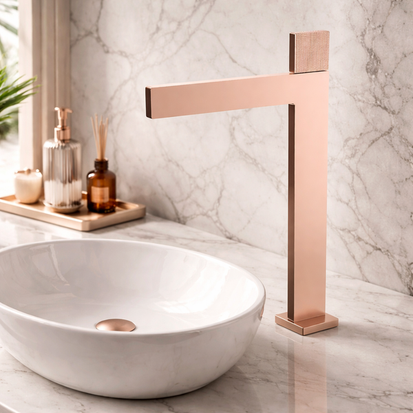Premium Brass Tall Basin Mixer Faucet, Brushed Rose Gold Finish (Hot & Cold) NCGF-516 – 5 Years Warranty