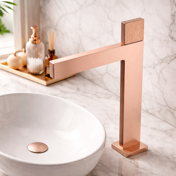 Premium Brass Tall Basin Mixer Faucet, Brushed Rose Gold Finish (Hot & Cold) NCGF-516 – 5 Years Warranty