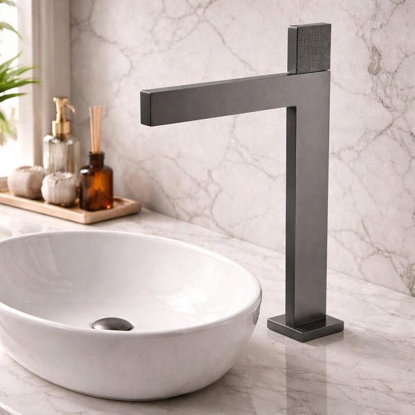 Premium Brass Tall Basin Mixer Faucet, Gun Grey Finish (Hot & Cold) – NCGF-517 – 5 Years Warranty