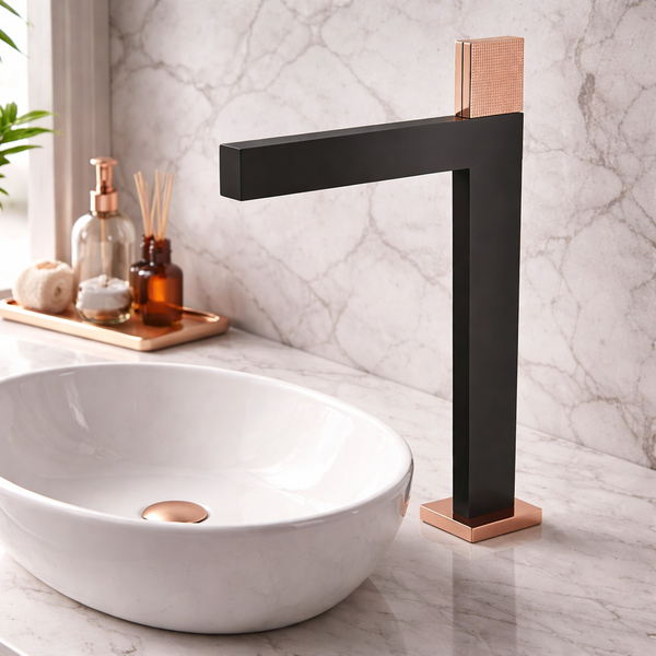 Premium Brass Tall Basin Mixer Faucet, Black Body with Rose Gold Handle (Hot & Cold) NCGF-514 – 5 Years Warranty