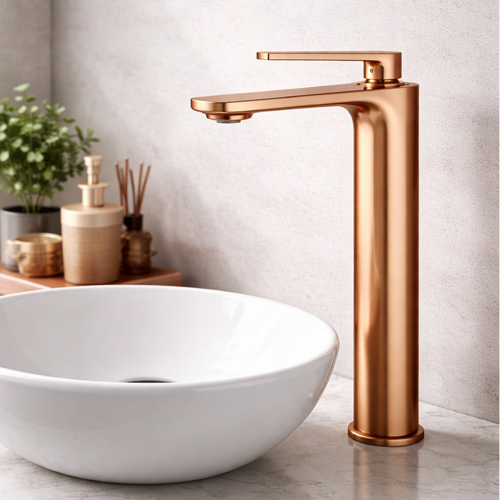 Premium Brass Tall Basin Mixer Faucet, Brushed Rose Gold Finish (Hot & Cold) NCGF-512 – 5 Years Warranty
