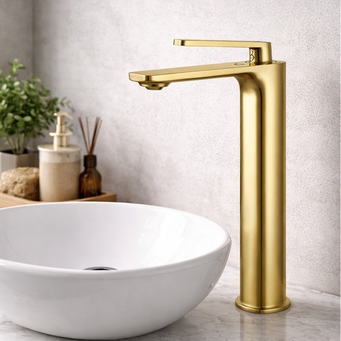 Premium Brass Tall Basin Mixer Faucet, Brushed Gold Finish (Hot & Cold) NCGF-511 – 5 Years Warranty
